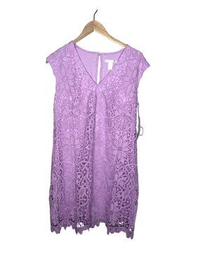London Times Purple Lace Extended Shoulder V-Neck Shift Dress size 10